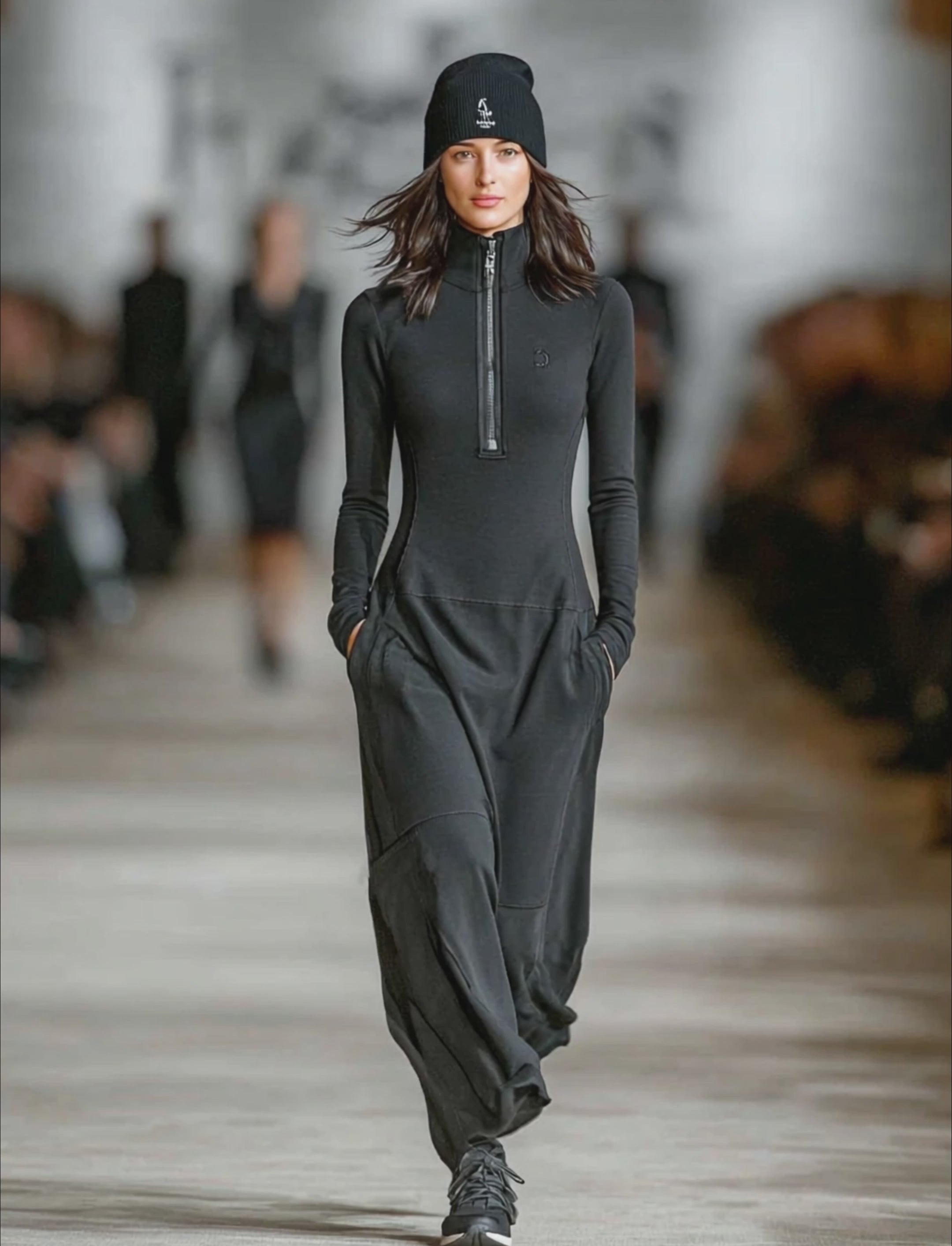 Sports Cotton Blend Half-high Collar Zipper Loose Maxi Dress