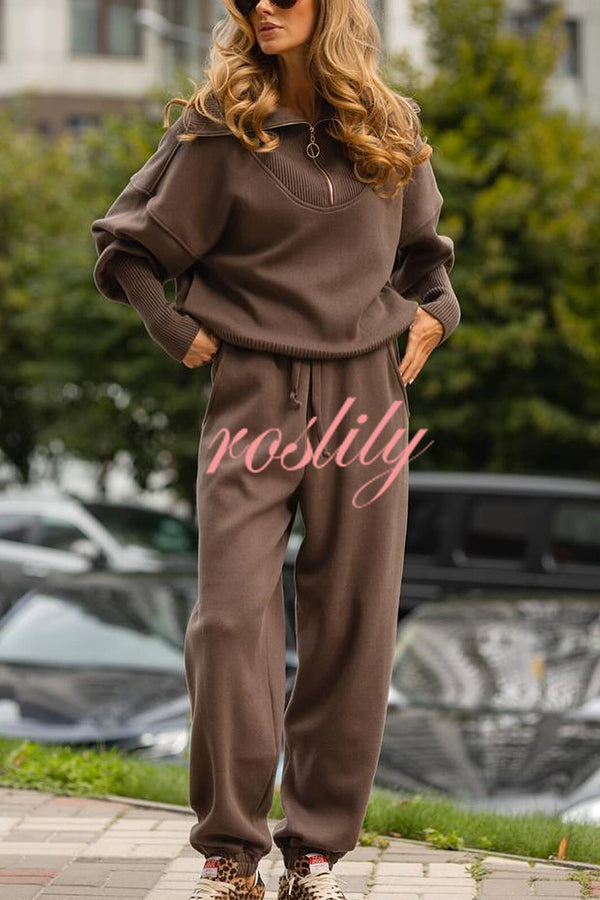 Solid Color Long-sleeved Zip-up Sweatshirt and Elastic Waist Loose Pocket Pants Set