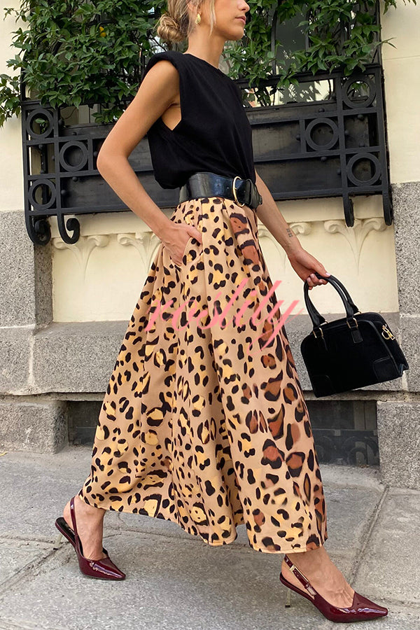 Stylish Leopard Print Elegant Large Hem Maxi Skirt