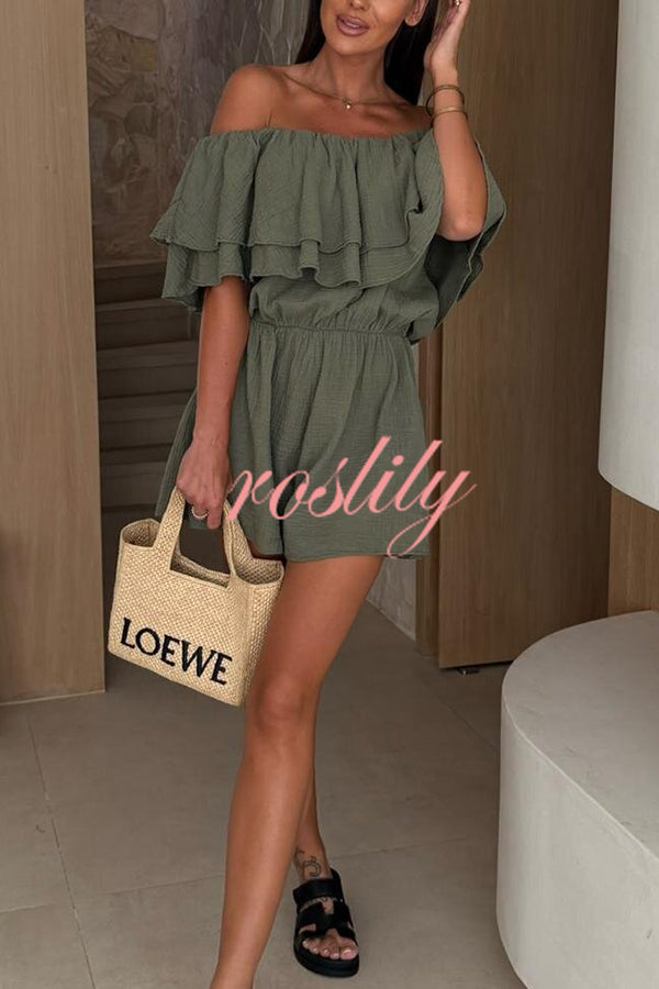 Solid Color Off-shoulder Ruffled Casual Waist Rompers