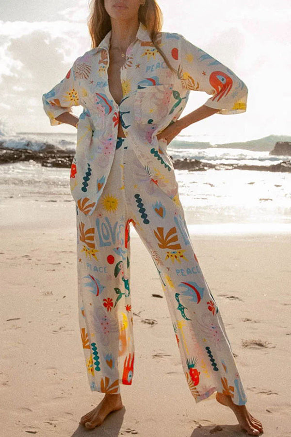 Abstract Sea Creature Print Button Pockets Elastic Waist Pant Suit