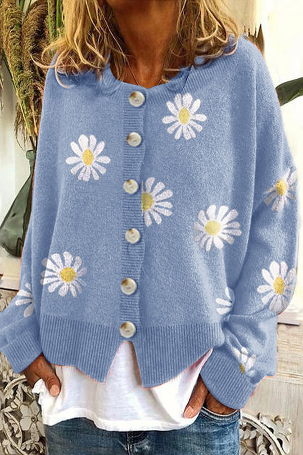 Chrysanthemum Embroidery Knitting Button Down Cardigan Coats