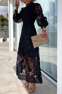 Romantic, Sensual and Elegant Crochet Lace Lantern Sleeve Party Midi Dress