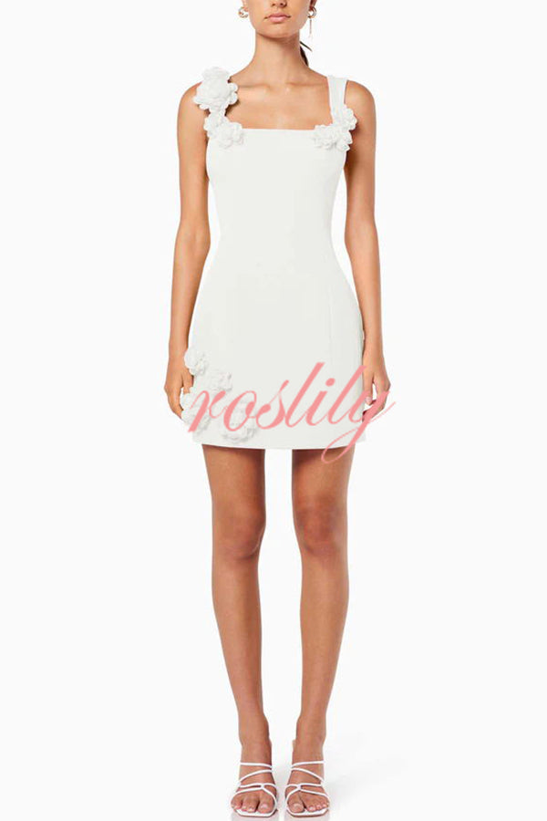 Crush on You Rose Applique Square Neck Wide Strap Mini Dress