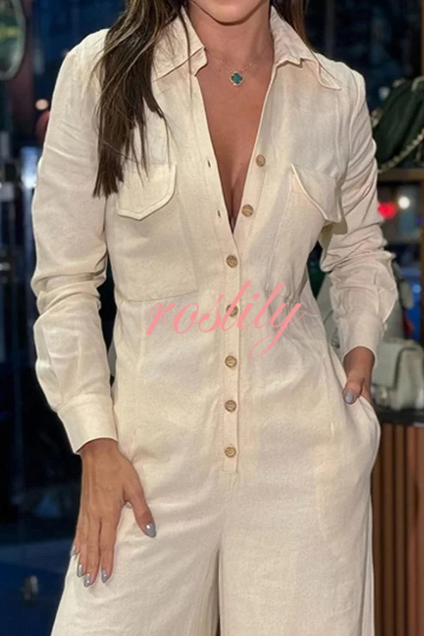 Linen Blend Lapel Long Sleeve Button Pocket Wide Leg Jumpsuit