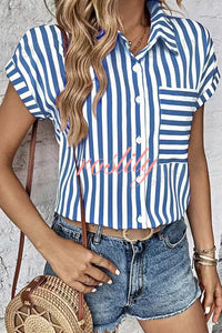 Striped Print Short Sleeve Pocket Shirt Top