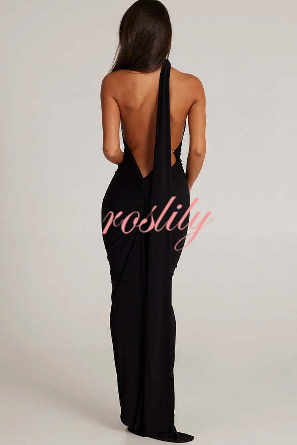 Sexy Backless Pleated Slim Solid Color Sleeveless Elegant Maxi Dress