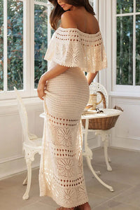 Jolene Knit Crochet Texture Off Shoulder Drawstring Waist Maxi Dresses