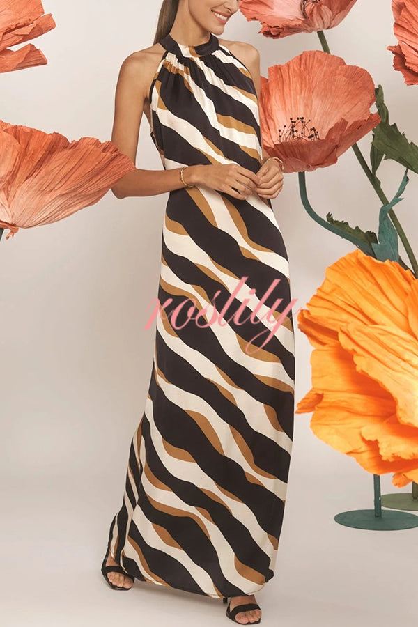 Uptown Cafe Satin Color Block Print Tie-up Neck Maxi Dress