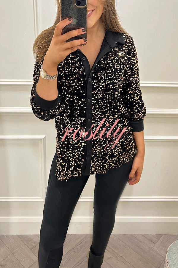 Fashion Velvet Sequined Loose Casual Long-sleeved Shirt