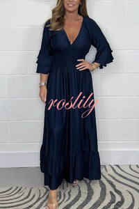 Solid Satin V-Neck Ruffle Sleeve Pleated Waist Maxi Dress