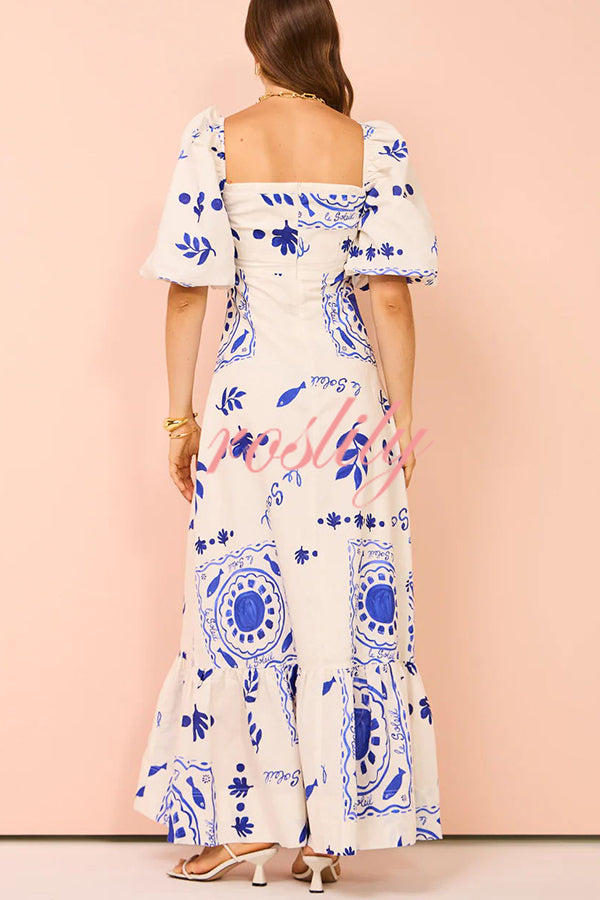 Sherbert Linen Blend Unique Print Square Neck Bubble Sleeve Maxi Dress