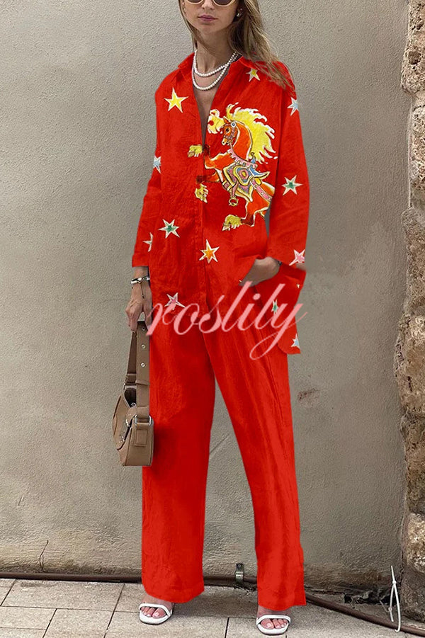 Horse Print Oversized Long Sleeved Shirt and Elastic Waist Pocket Pants Set