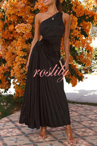 Charming One Shoulder Lace Up Cutout Pleated Maxi Dress