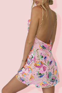 Round Neck Backless Sequin Floral Chain A Line Mini Dress