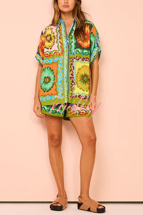 Disco Daisy Unique Printed Colorblock Button Oversized Shorts Set