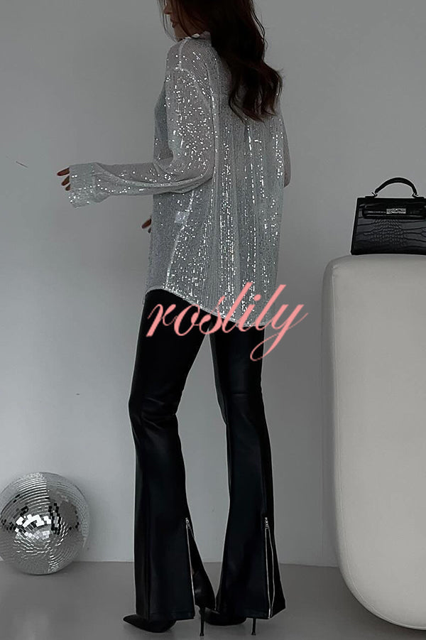 Fashion Sequin Lapel Long Sleeve Loose Shirt