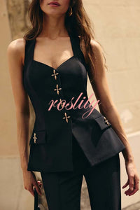Women Power Metal Cross Snap Button Sweetheart Neck Wide Strap Vest