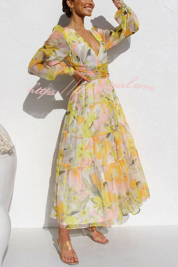 Olena Abstract Floral Balloon Sleeves Maxi Dress