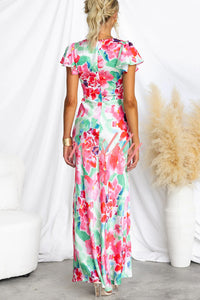 Say I Do Satin Floral Print Cap Sleeves Maxi Dress