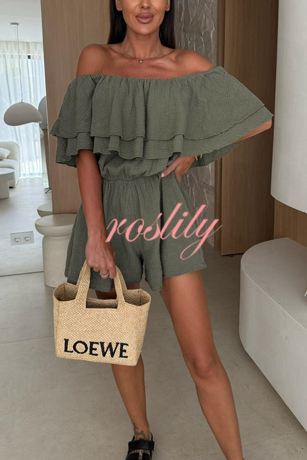 Solid Color Off-shoulder Ruffled Casual Waist Rompers