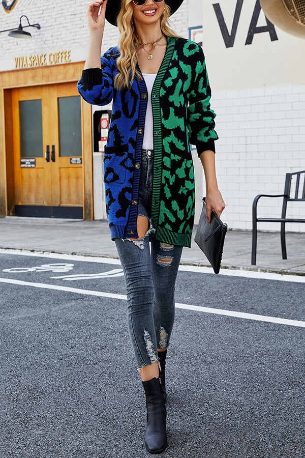 Leopard Print Contrast Knitted Mid-length Sweater Cardigan