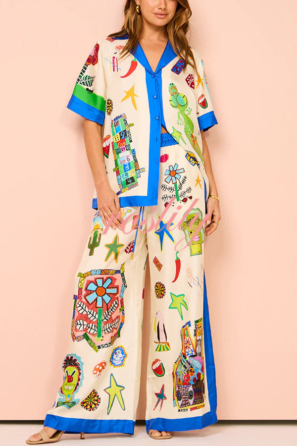 Vibrant Beach Satin Unique Print Colorblock Trim Button Down Oversized Blouse