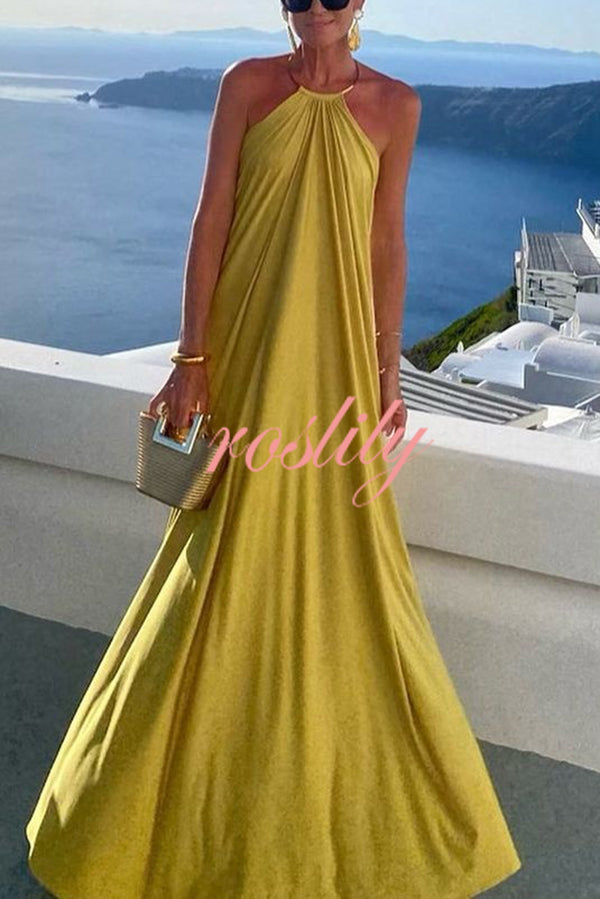 Solid Color Resort Style Halter Neck Open Back Large Hem Maxi Dress