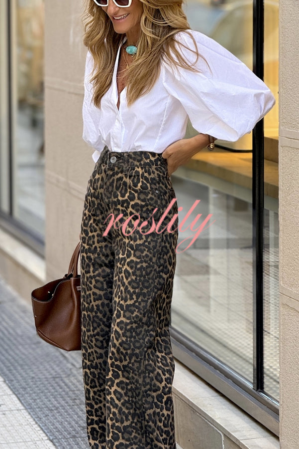 Wild Feel Denim Leopard Print High Rise Wide Leg Pocketed Jeans