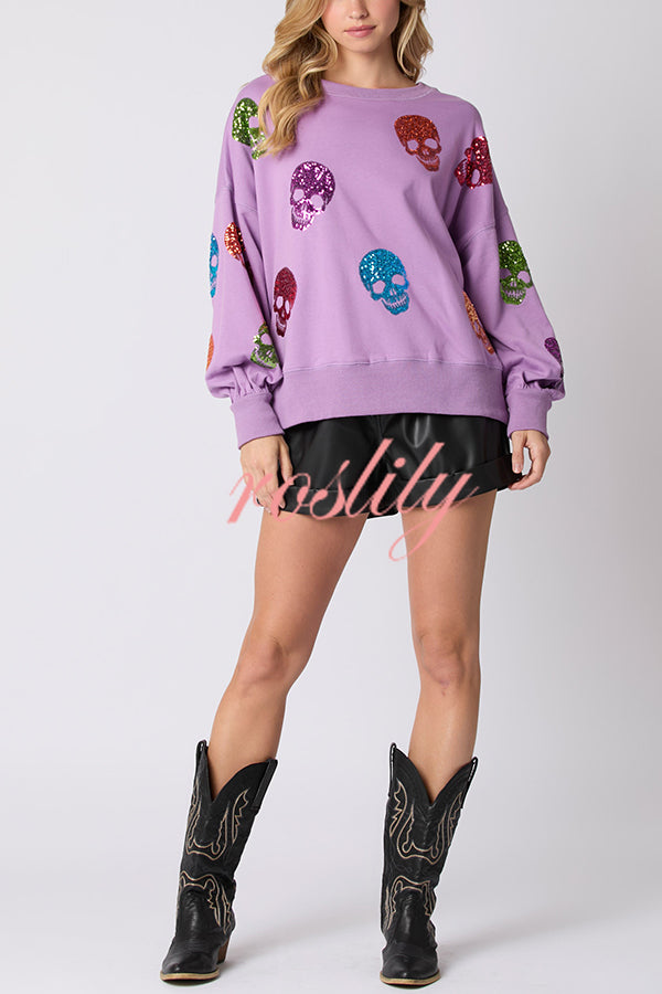 Halloween Skull Sequin Loose Casual Sweatshirt