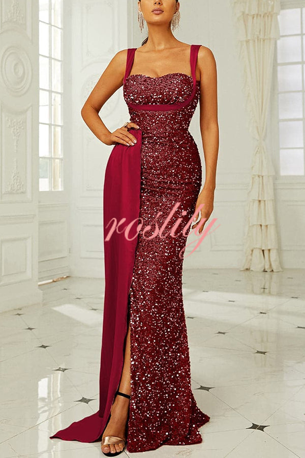 Banquet Sequined Backless Strappy Fishtail Maxi Dress