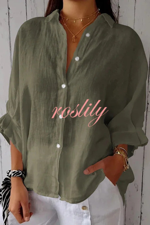 Linen Blend Solid Color Tie Back Loose Shirt Top