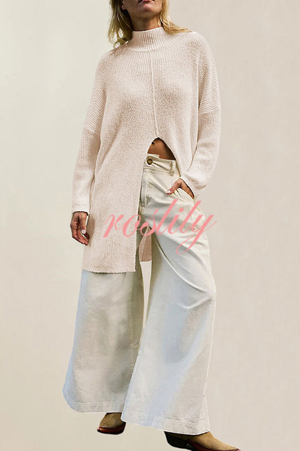 Solid Color Long Sleeve Slit Knitted Sweater