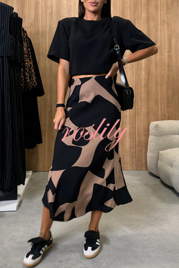 Breezy Composure Unique Print High Rise Elastic Waist Midi Skirt