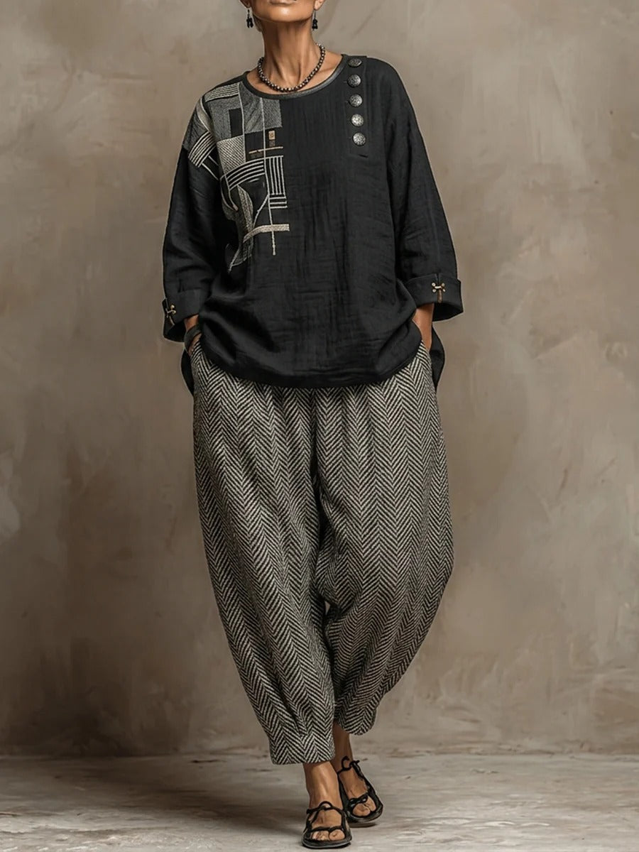 Bohemian Art Print Cotton Linen Top And Pants Set