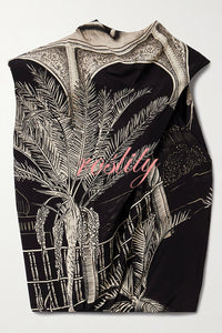 Satin Botanical Print Sleeveless Lounge Top and Midi Skirt Set