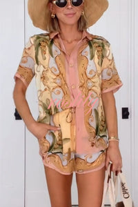Royalty Unique Print Button Up Short Sleeve Shirt and Elastic Waist Pocketed Loose Shorts Set