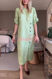 Ultra-comfortable Linen Blend Half Sleeve Front Button Detail Relaxed Pocket Midi Dress