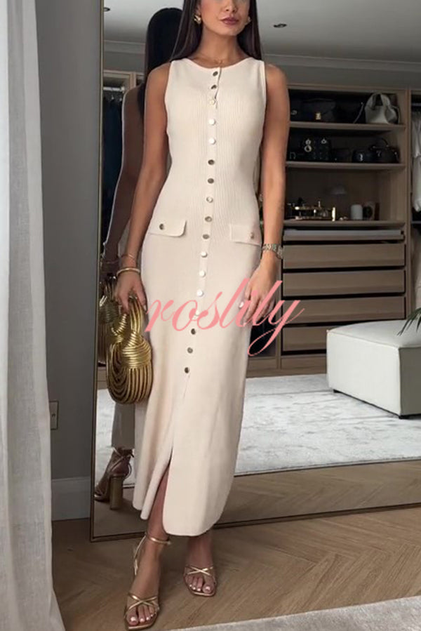 Solid Color Slim Fit Crew Neck Button Up Sleeveless Knitted Maxi Dress