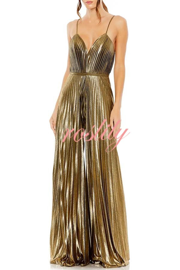 Disco Fashion Metallic Fabric Pleated Pocket Slip Wide Leg Jumpsuit