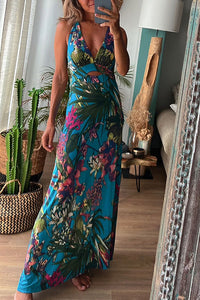 Rainforest Paradise Tropical Print Cutout Back Crossover Stretch Maxi Dress