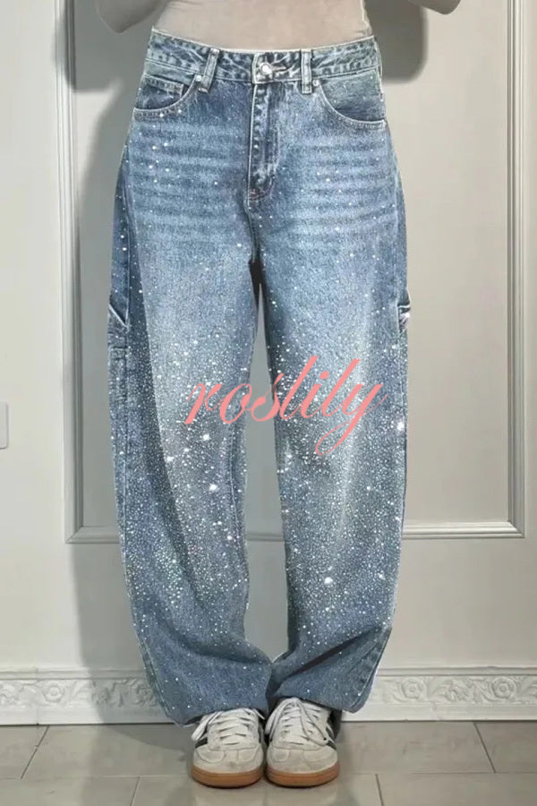 Fashionable Rhinestone Mid-rise Loose Pocket Straight Jeans