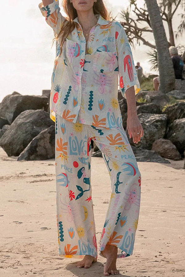 Abstract Sea Creature Print Button Pockets Elastic Waist Pant Suit