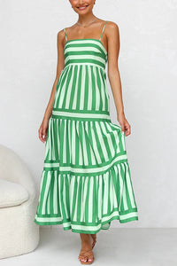 Beachy Dreams Striped Print Back Smocked Pocket A-line Slip Midi Dress