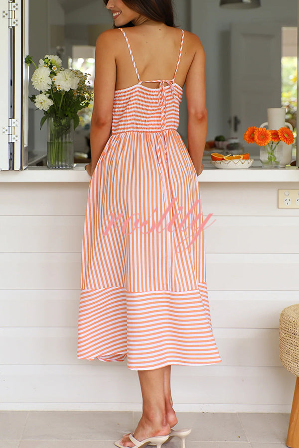 Striped Print Suspenders Gathered Lace-up Loose Midi Dress