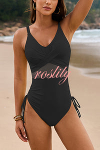 Solid Color Drawstring Waist Mesh One-Piece Swimsuit