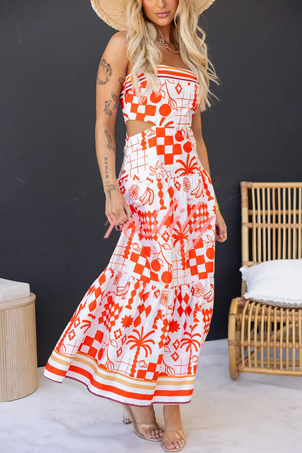 Unique Print Waist Cutout Back Gathered Suspender Maxi Dress