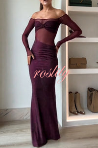 Forever Shimmering Sequin Mesh Patchwork Long Sleeve Strapless Stretch Maxi Dress