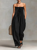 Strapless Smocked Linen Wide-Leg Jumpsuit