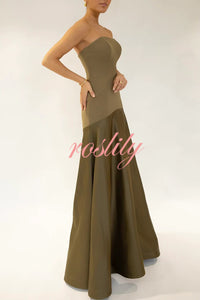 Timeless Elegance Satin Patchwork Strapless Flare Gown Maxi Dress